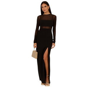 ADRIANNA PAPELL Mesh-Panelled Long Sleeve Column Slit Gown Black Size 10